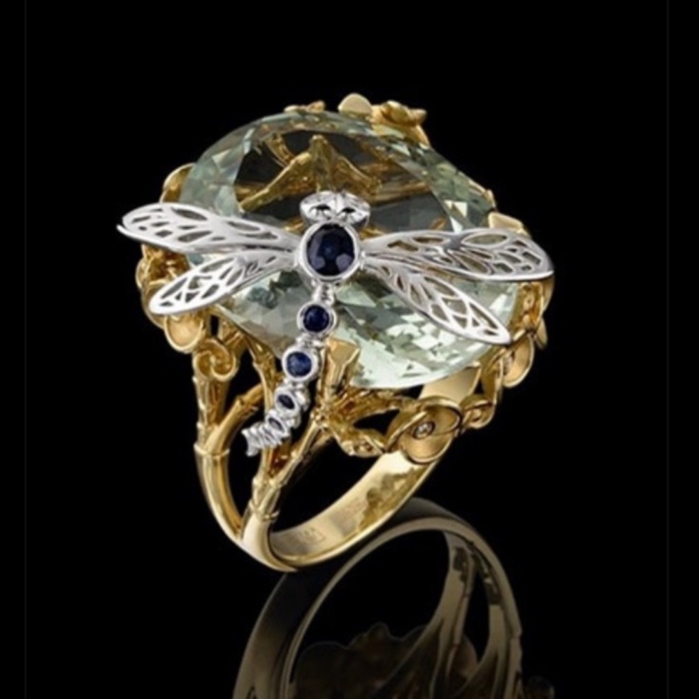 18K Pure Gold Plated Two-Tone Natural White Sapphire Diamond Dragonfly Ring